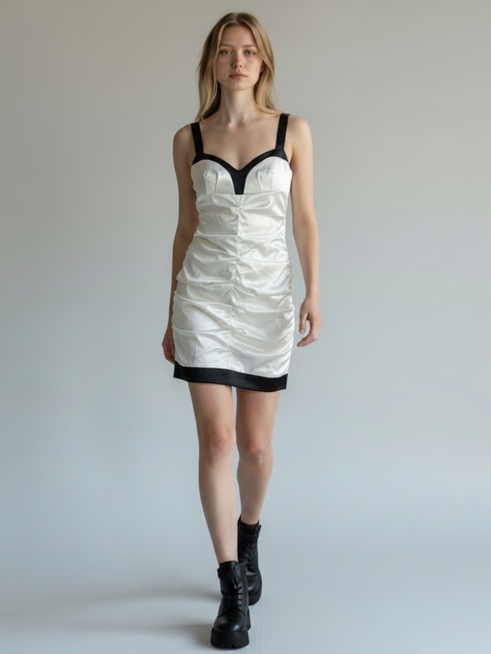 Charlotte Russe White Satin Mini Dress Black Trim Halter Design Ruched Sz 9